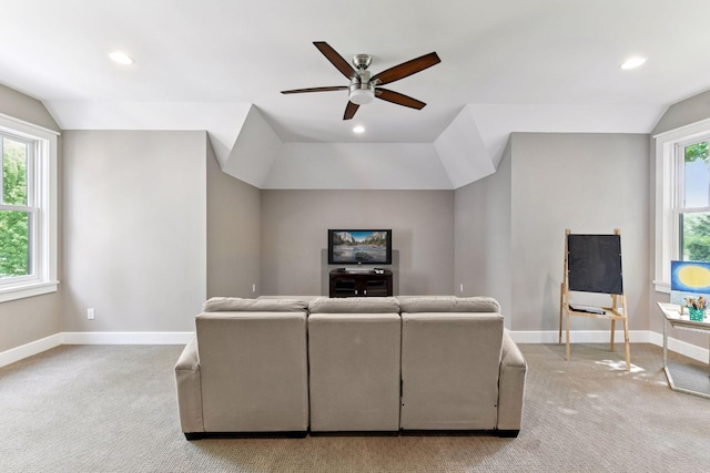 154 Babcock Ln, Wayzata, MN 55391 - carpeted living room with vaulted ceiling, a ceiling fan, healthy amount of natural light, recessed lighting, and baseboards