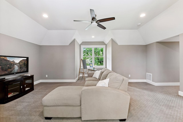 154 Babcock Ln, Wayzata, MN 55391 - living area featuring carpet, baseboards, vaulted ceiling, ceiling fan, and recessed lighting