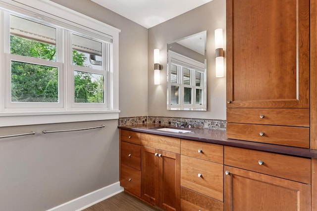 154 Babcock Ln, Wayzata, MN 55391 - bathroom featuring vanity, decorative backsplash, baseboards, and wood finished floors