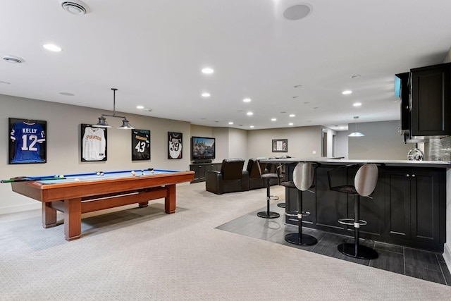 154 Babcock Ln, Wayzata, MN 55391 - game room featuring light carpet, recessed lighting, pool table, and a community bar