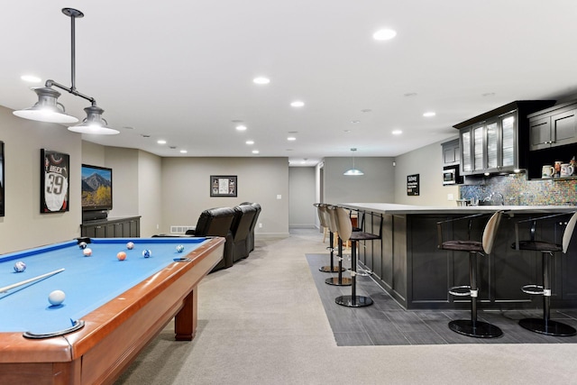 154 Babcock Ln, Wayzata, MN 55391 - recreation room with light carpet, recessed lighting, bar with sink, billiards, and baseboards