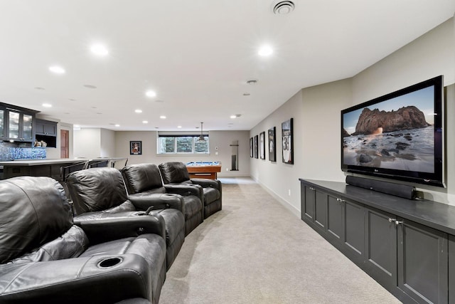 154 Babcock Ln, Wayzata, MN 55391 - living room with billiards, bar with sink, recessed lighting, light colored carpet, and baseboards