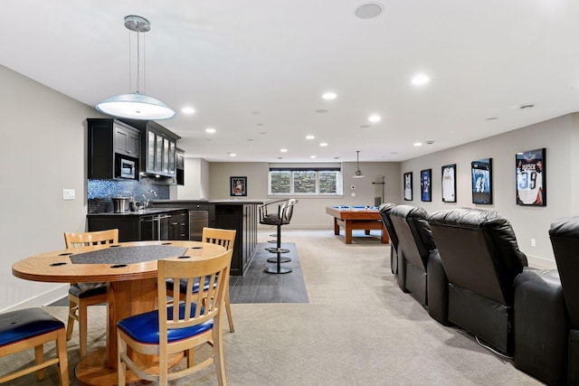 154 Babcock Ln, Wayzata, MN 55391 - dining room with wet bar, pool table, recessed lighting, light colored carpet, and baseboards
