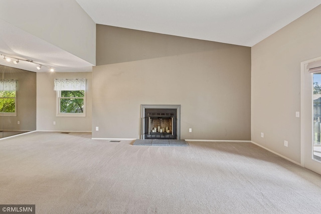 11031 Oregon Cir Unit 58, Bloomington, MN 55438 - unfurnished living room featuring baseboards, high vaulted ceiling, carpet flooring, healthy amount of natural light, and a fireplace with raised hearth