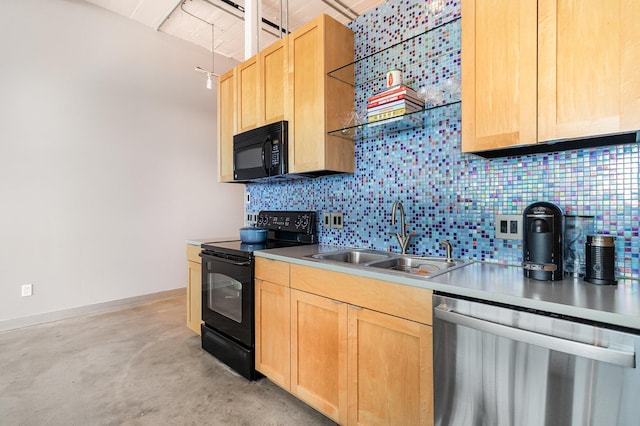 730 Stinson Blvd Unit 406, Minneapolis, MN 55413 - kitchen with black appliances, a sink, light brown cabinets, and decorative backsplash