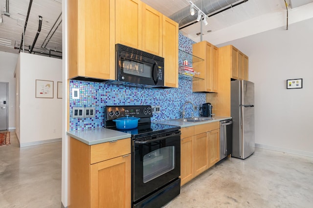 730 Stinson Blvd Unit 406, Minneapolis, MN 55413 - kitchen featuring black appliances, finished concrete floors, light brown cabinetry, and beam ceiling
