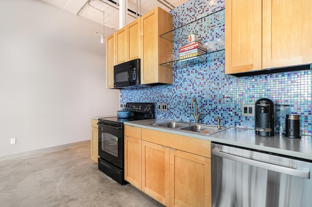 730 Stinson Blvd Unit 406, Minneapolis, MN 55413 - kitchen featuring black appliances, light brown cabinetry, decorative backsplash, and concrete flooring
