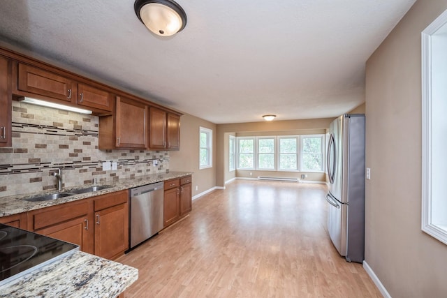 5921 Xerxes Ave S, Minneapolis, MN 55410 - kitchen featuring appliances with stainless steel finishes, a sink, decorative backsplash, baseboards, and brown cabinets