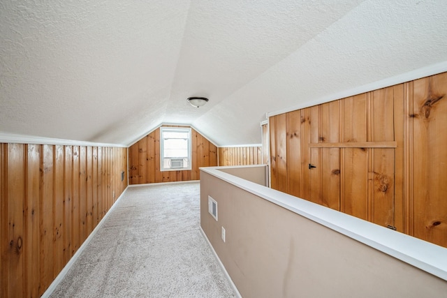5921 Xerxes Ave S, Minneapolis, MN 55410 - additional living space with a textured ceiling, lofted ceiling, light carpet, wooden walls, and baseboards