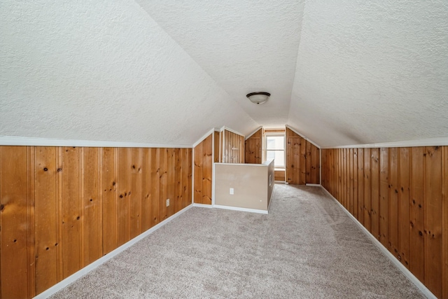 5921 Xerxes Ave S, Minneapolis, MN 55410 - additional living space with a textured ceiling, lofted ceiling, wood walls, baseboards, and carpet floors