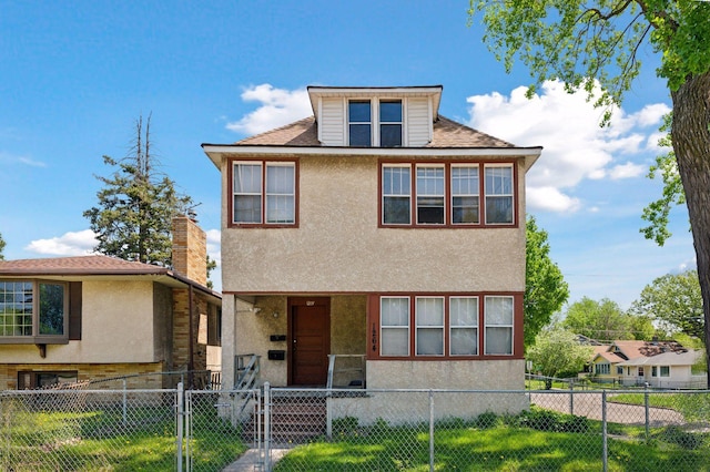 1264 Snelling Ave N, Saint Paul, MN 55108 - view of front facade with stucco siding, a gate, covered porch, a chimney, and a shingled roof