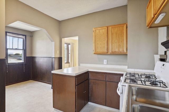 1264 Snelling Ave N, Saint Paul, MN 55108 - kitchen with white gas range oven, a peninsula, light countertops, light floors, and wainscoting
