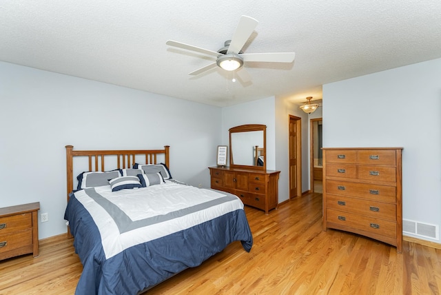 bedroom featuring light wood-style floors and ceiling fan