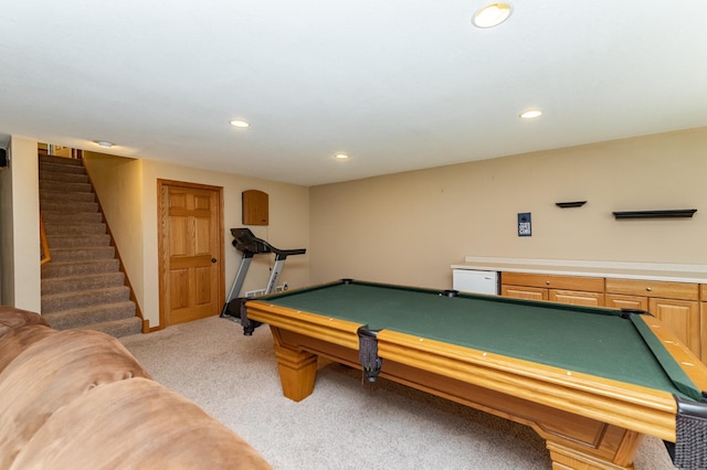 recreation room with billiards table, light carpet, and recessed lighting