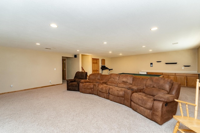 living room featuring light colored carpet, recessed lighting, billiards table, stairs, and baseboards