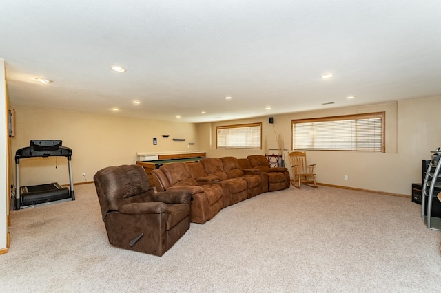living area with carpet, recessed lighting, and baseboards