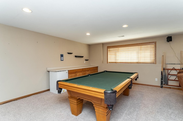playroom featuring light carpet, baseboards, billiards table, and recessed lighting