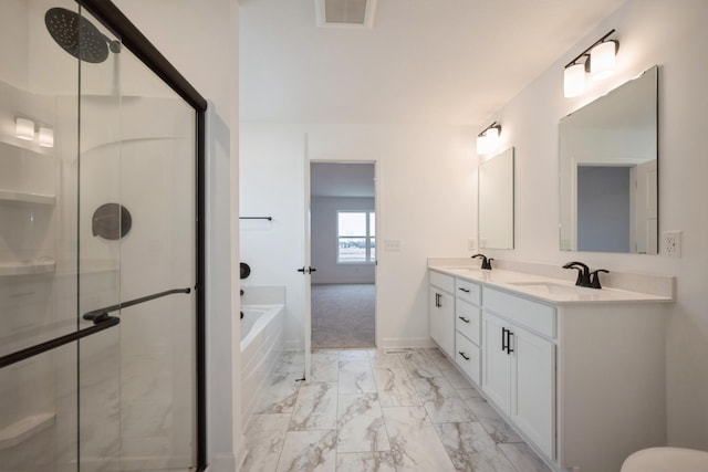 5713 Rathbun Way, Otsego, MN 55374 - bathroom with marble look tiles, a stall shower, double vanity, and a garden tub