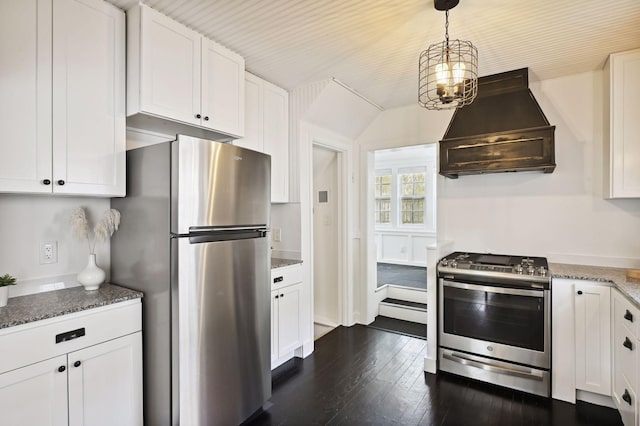 3937 Ewing Ave S, Minneapolis, MN 55410 - kitchen featuring stainless steel appliances, custom range hood, white cabinetry, dark stone countertops, and dark wood-style flooring