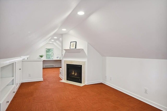3937 Ewing Ave S, Minneapolis, MN 55410 - bonus room featuring a baseboard radiator, recessed lighting, lofted ceiling, carpet floors, and a fireplace with flush hearth