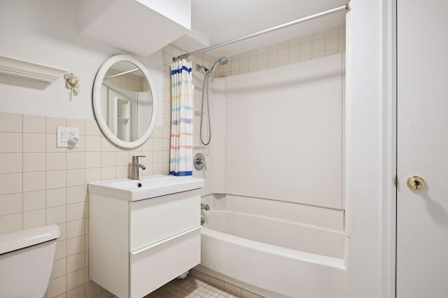 3937 Ewing Ave S, Minneapolis, MN 55410 - full bathroom with shower / bath combination with curtain, vanity, tile walls, and tile patterned floors