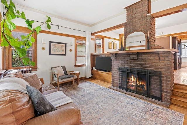 living room featuring wood finished floors, a fireplace, and crown molding