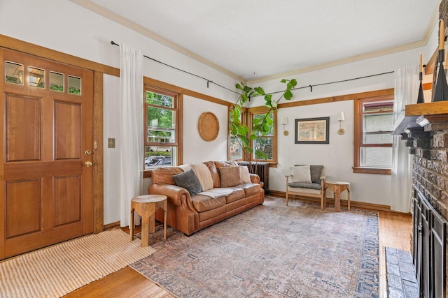 living area with a fireplace, light wood finished floors, crown molding, and baseboards