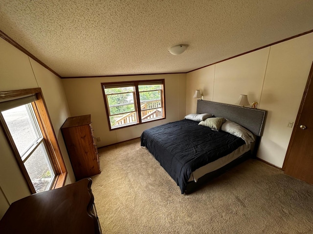 326 5th St NE, Crosby, MN 56441 - bedroom featuring crown molding, carpet floors, a textured ceiling, vaulted ceiling, and a decorative wall