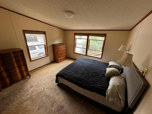 326 5th St NE, Crosby, MN 56441 - bedroom featuring ornamental molding, a textured ceiling, lofted ceiling, and light colored carpet