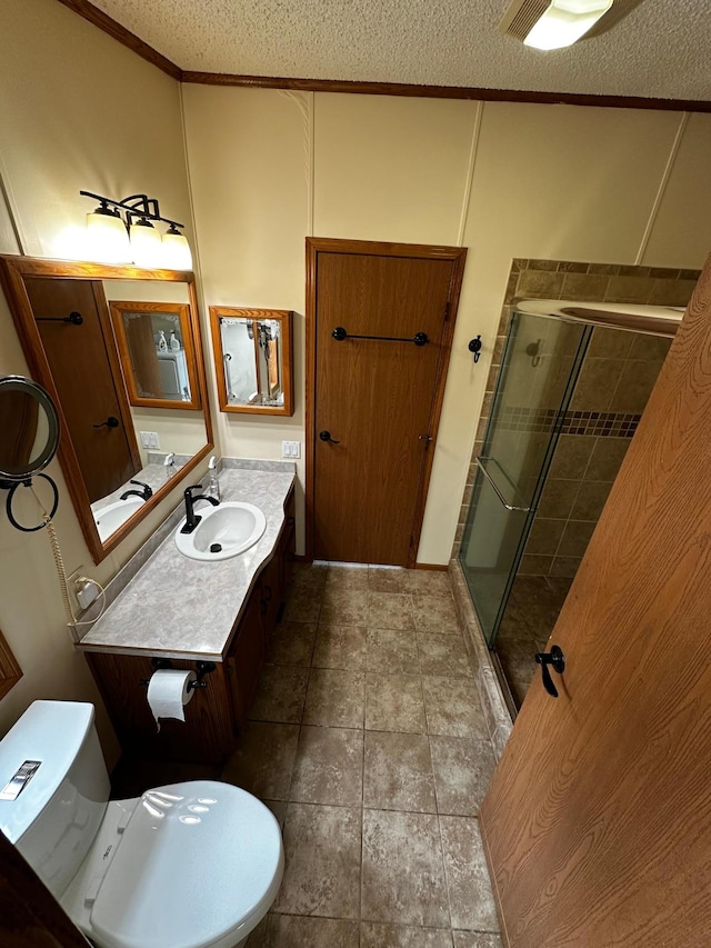 326 5th St NE, Crosby, MN 56441 - full bathroom featuring ornamental molding, a stall shower, vanity, a textured ceiling, and toilet