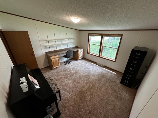 326 5th St NE, Crosby, MN 56441 - office area with a textured ceiling, light colored carpet, built in desk, and crown molding