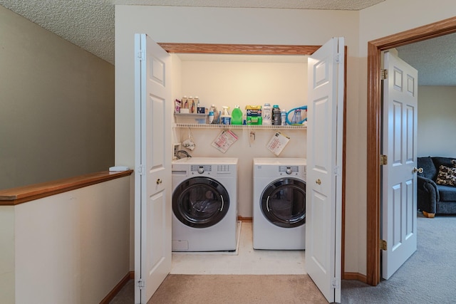 17366 River Birch Ln, Prior Lake, MN 55372 - washroom featuring independent washer and dryer, carpet, a textured ceiling, and baseboards
