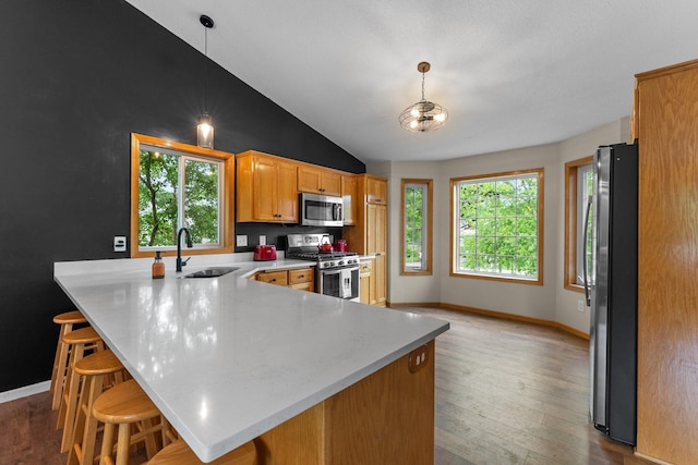 903 3rd Ave SW, Isanti, MN 55040 - kitchen with appliances with stainless steel finishes, a sink, a peninsula, light countertops, and wood-type flooring