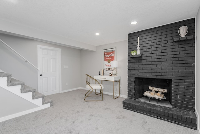 1805 Melrose Ave, Saint Louis Park, MN 55426 - living room with carpet floors, recessed lighting, a brick fireplace, baseboards, and stairway