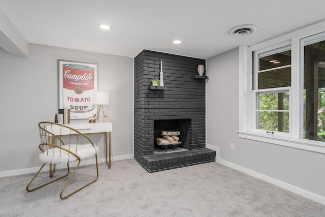 1805 Melrose Ave, Saint Louis Park, MN 55426 - carpeted living room with a brick fireplace, baseboards, and recessed lighting