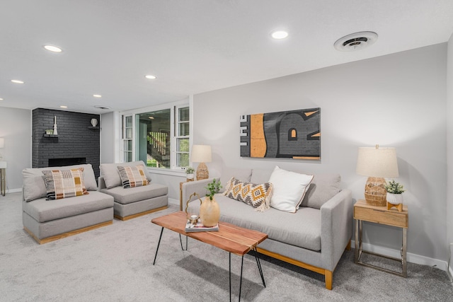 1805 Melrose Ave, Saint Louis Park, MN 55426 - living room with baseboards, recessed lighting, carpet floors, and a brick fireplace