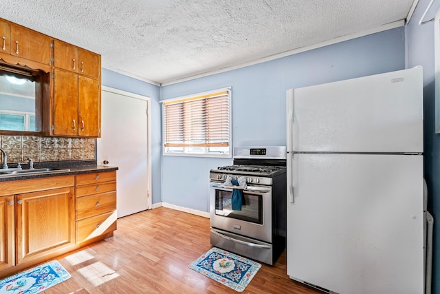37726 2nd Ave, Dennison, MN 55018 - kitchen featuring freestanding refrigerator, stainless steel range with gas cooktop, a sink, decorative backsplash, and light wood-style flooring