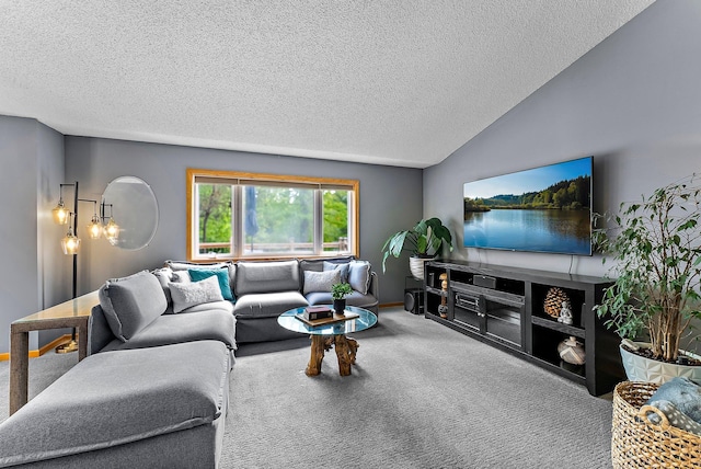2308 Crosstown Blvd NE, Ham Lake, MN 55304 - living room with carpet floors, a textured ceiling, and vaulted ceiling