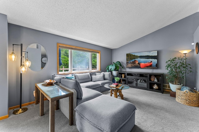 2308 Crosstown Blvd NE, Ham Lake, MN 55304 - living room with carpet, a textured ceiling, lofted ceiling, and baseboards