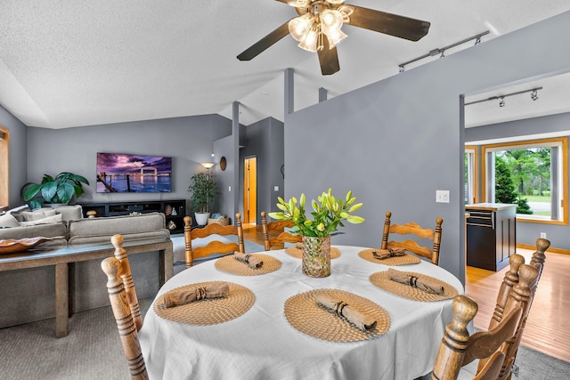 2308 Crosstown Blvd NE, Ham Lake, MN 55304 - dining space with track lighting, ceiling fan, wood finished floors, vaulted ceiling, and a textured ceiling