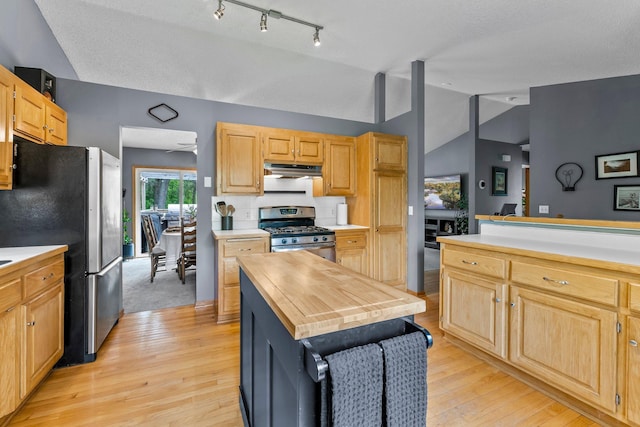 2308 Crosstown Blvd NE, Ham Lake, MN 55304 - kitchen with stainless steel appliances, lofted ceiling, under cabinet range hood, light wood-style flooring, and light brown cabinets