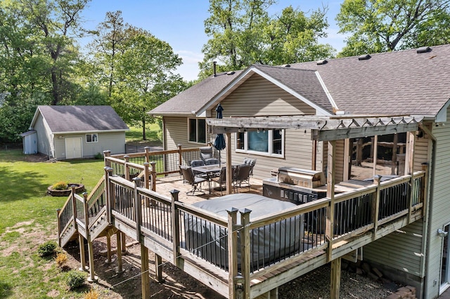 2308 Crosstown Blvd NE, Ham Lake, MN 55304 - rear view of property featuring roof with shingles, a deck, outdoor dining area, and a yard