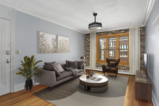 1820 1st Ave S Unit 201, Minneapolis, MN 55403 - living room with wood finished floors, ornamental molding, baseboards, brick wall, and baseboard heating