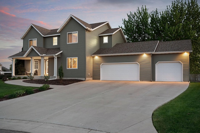 view of front of home featuring a garage, concrete driveway, a porch, and a shingled roof