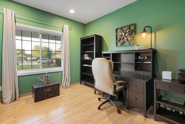 office area featuring wood finished floors, baseboards, and recessed lighting