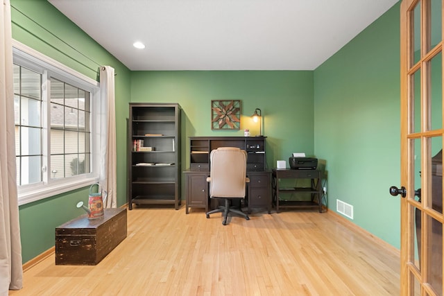 office area with wood finished floors, french doors, baseboards, and recessed lighting
