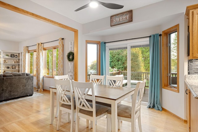 dining space featuring ceiling fan, light wood-style flooring, and plenty of natural light