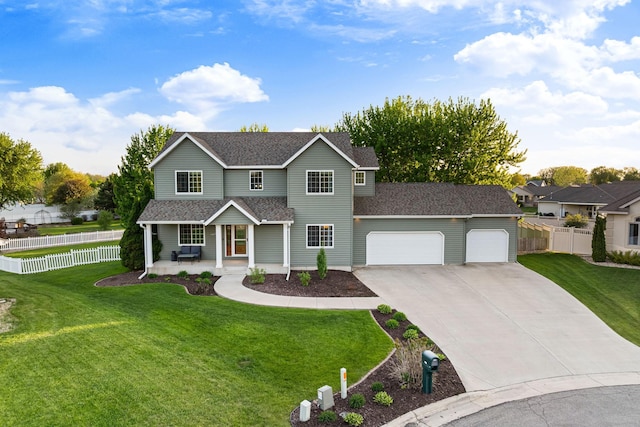 traditional-style house featuring a garage, covered porch, concrete driveway, and a shingled roof