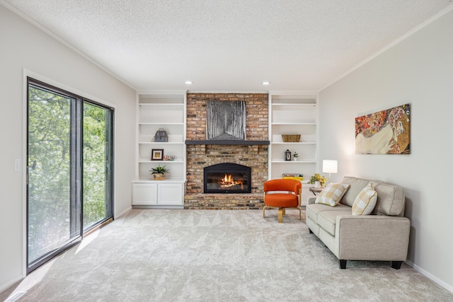 1588 Chatham Ave, Arden Hills, MN 55112 - living room featuring a textured ceiling, carpet floors, a fireplace, built in features, and baseboards
