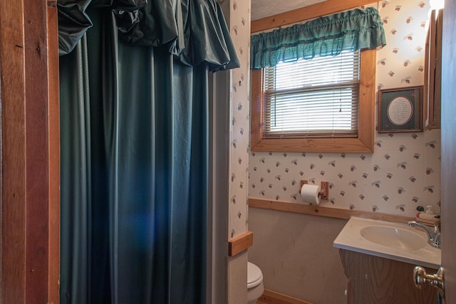 7528 Little Thunder Dr NE, Remer, MN 56672 - bathroom with wallpapered walls, toilet, and vanity